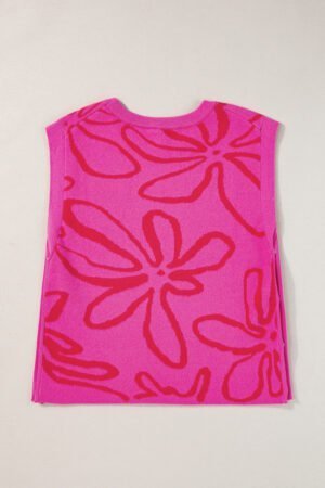 Bright Pink Button Sides Sleeveless Floral Knitted Top - Image 6