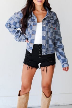 Light Blue Checkered Patchwork Button up Denim Jacket - Image 4