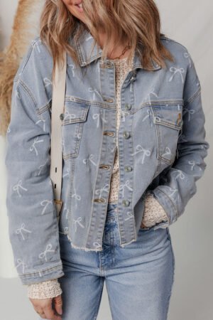 Sky Blue Bow Knot Print Light Wash Raw Hem Denim Jacket - Image 4