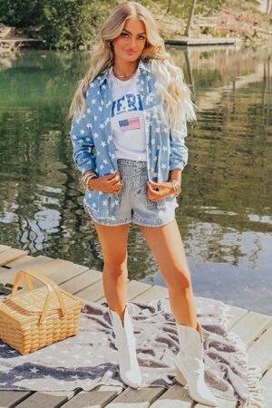 Sky Blue Star Print Light Wash Raw Hem Denim Jacket - Image 6