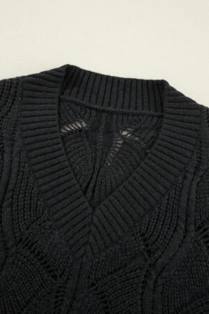 Black Hollow Out Knit V Neck Drop Shoulder Sweater - Image 7
