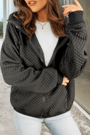 Black Quilted Side Pockets Zipper Hooded Jacket - Image 3