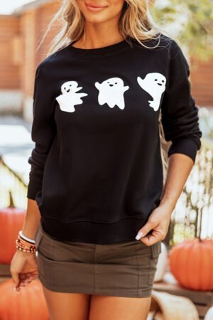 Black Halloween Ghosts Print Round Neck Sweatshirt - Image 6