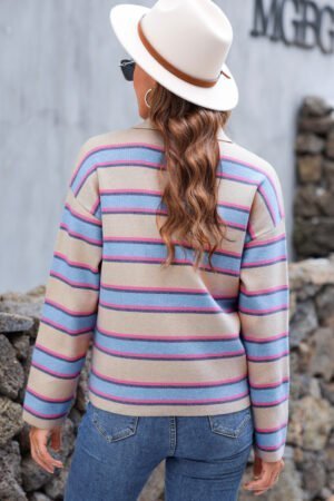Apricot Stripe Collared V Neck Drop Shoulder Loose Sweater - Image 3