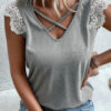 Gray Lace Patchwork Criss Cross V Neck Tank Top