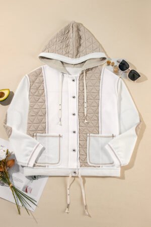 Beige Quilted Textured Patchwork Loose Fit Hooded Jacket - Image 6
