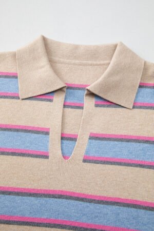 Apricot Stripe Collared V Neck Drop Shoulder Loose Sweater - Image 8