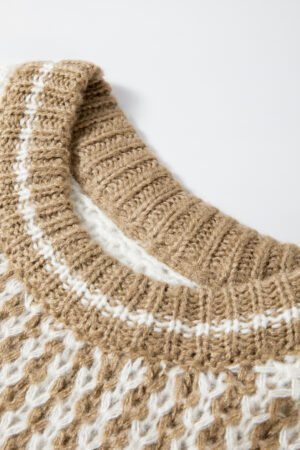 Brown Stripe Drop Shoulder Round Neck Loose Sweater - Image 7