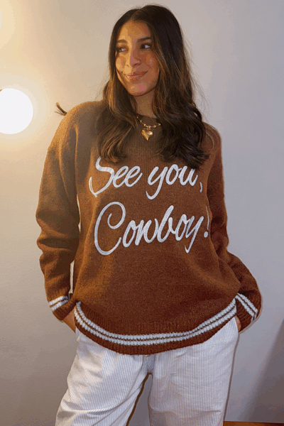 Coffee See You Cowboy Embroidered Western Graphic Sweater