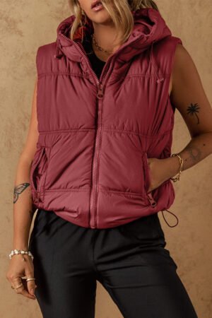 Clay Zip-up Side Pockets Hooded Puffer Vest - Image 4