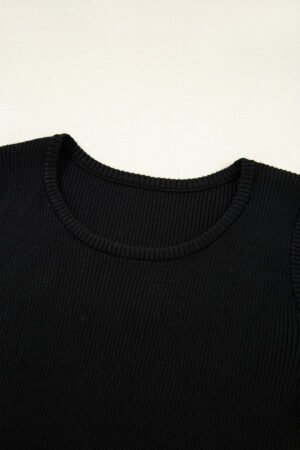 Black Ribbed Knit Cold Shoulder Sweater - Image 7