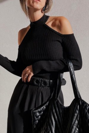 Black Ribbed Knit Cold Shoulder Choker Neck Sweater - Image 4