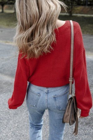 Racing Red Solid Textured Knit V Neck Drop Shoulder Sweater - Image 2