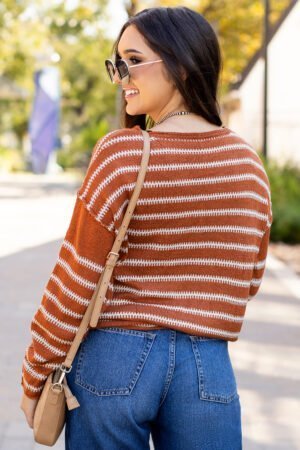 Brown Stripe Drop Shoulder Casual Sweater - Image 3