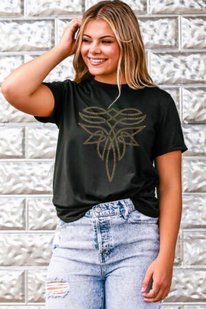Black Rhinestone Western Pattern Cotton Blend Graphic T Shirt - Image 2