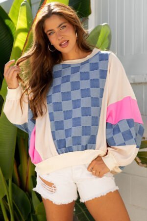 Sky Blue Oversized Checkered Denim Exposed Seam Patchwork Casual Sweatshirt