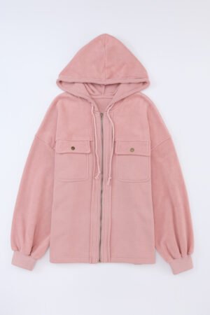 Pink Flap Pocket Drawstring Hood Zip Up Jacket - Image 5