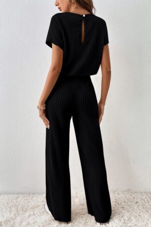 Black Ribbed Keyhole Short Sleeve Wide Leg Jumpsuit - Image 2