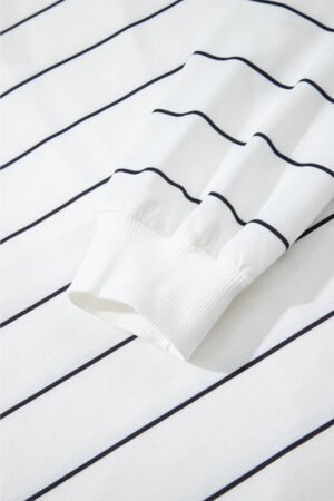 White Zip V Neck Casual Stripe Print Drop Shoulder Long Sleeve Top - Image 9