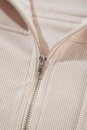White Corduroy Drawstring Hooded Pocket Zip Up Jacket - Image 8