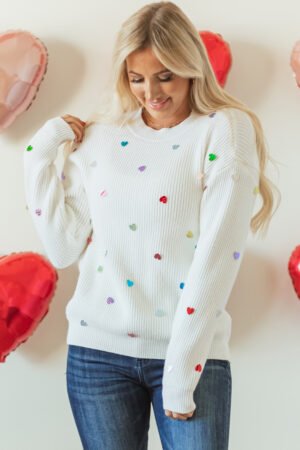 Beige Sequin Heart Shape Waffle Knit Round Neck Sweater - Image 4