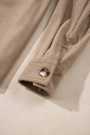 Pale Khaki Hooded Drawstring Pockets Corduroy Shacket - Image 7