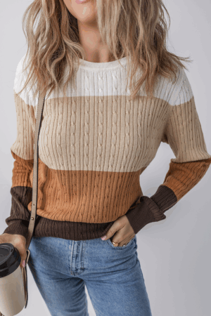 Khaki Colorblock Cable Knit Round Neck Sweater - Image 4