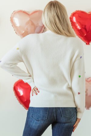 Beige Sequin Heart Shape Waffle Knit Round Neck Sweater - Image 3