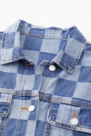 Light Blue Checkered Patchwork Button up Denim Jacket - Image 10