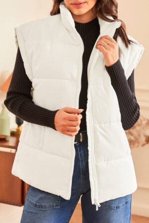 Beige Zipper Stand Neck Oversized Puffer Vest - Image 3