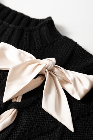 Black Cable Knit Colorblock Satin Bowknot Short Sleeve Sweater - Image 8