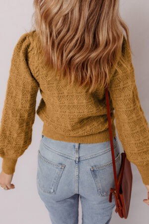 Jurassic Gold Hollow Out Crochet Ribbed Edge Balloon Sleeve Sweater - Image 3