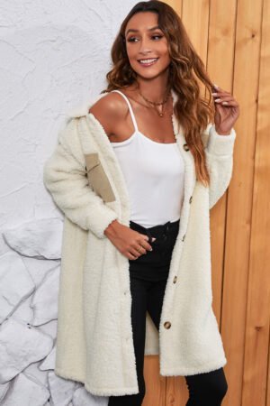 Beige Contrast Flap Pocket Single Breasted Teddy Coat - Image 3