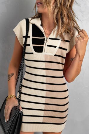 Alternative view of Khaki Stripe Color Block Quarter Zip Collar Short Sleeve Sweater Dress