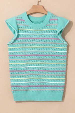 Green Colorful Striped Eyelet Knit Ruffled Sleeve Sweater T Shirt - Image 4