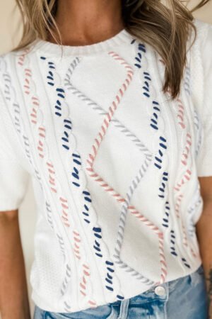 White Multicolor Stitch Detail Cable Knit Short Sleeve Sweater - Image 2