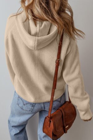 Beige Solid Color Drawstring Hooded Drop Shoulder Pullover Sweater - Image 3