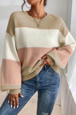 Alternative view of Dusty Pink Color Block Lantern Sleeve Drop Shoulder Sweater