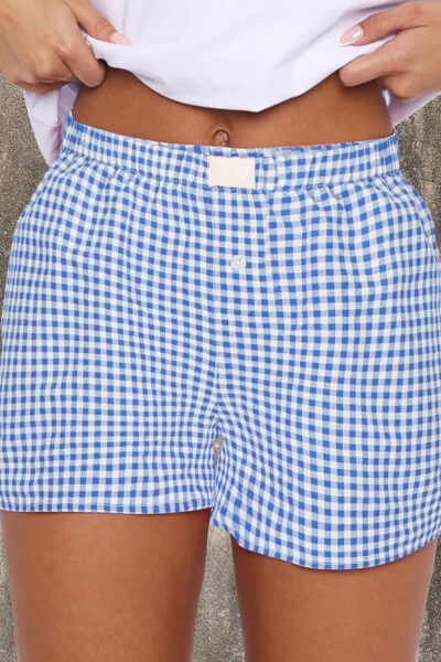 Blue Gingham Printed High Waist Shorts