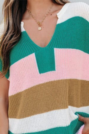 Multicolour Color Block Notch V Neck Sweater T Shirt - Image 6