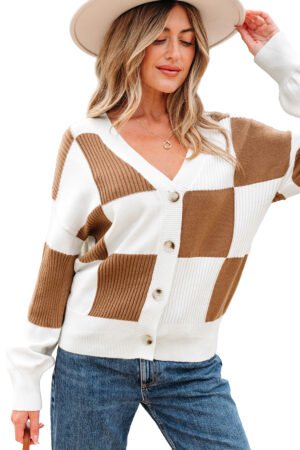 Khaki Checkered Pattern Ribbed Detail Button V Neck Sweater Cardigan - Image 17