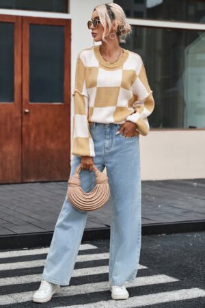 Khaki Checkered Bishop Sleeve Sweater - Image 6