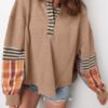 Straw Yellow Waffle Stripe Plaid Patchwork Henley Knit Top