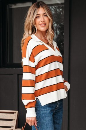 Brown Stripe Ribbed Polo Collar Drop Shoulder Sweater - Image 11
