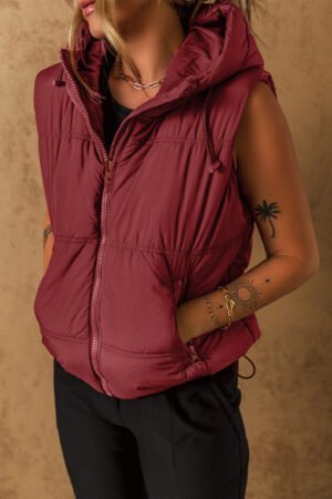 Clay Zip-up Side Pockets Hooded Puffer Vest - Image 2