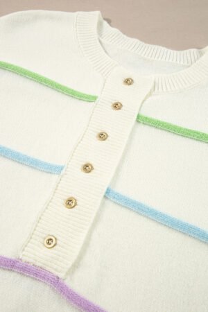 White Rainbow Stripes Drop Shoulder Baggy Henley Sweater - Image 6