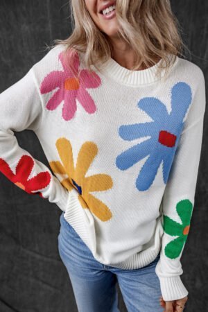 White Colorful Big Flower Pattern Crewneck Sweater - Image 5