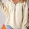 Beige Fleece Lined Half Zipper Kangaroo Pockets Loose Hoodie