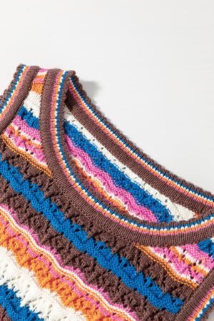Dark Blue Striped Textured Knit Crew Neck Sweater Vest - Image 7