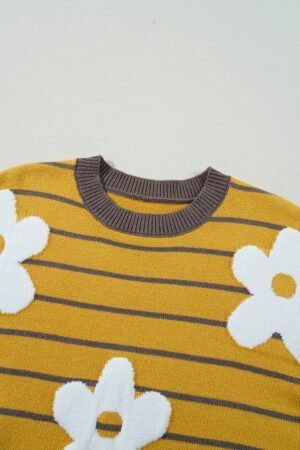 Yellow Stripe Daisy Floral Knitted Round Neck Sweater - Image 8